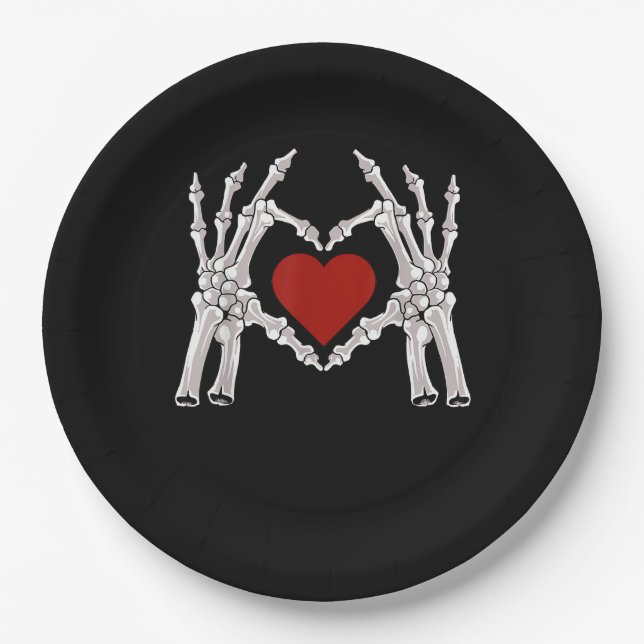 Skeleton Hands Form A Heart With Red Heart Paper Plate (Front)