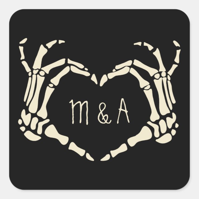 Skeleton Hands Heart Shape Custom Wedding Square Sticker (Front)