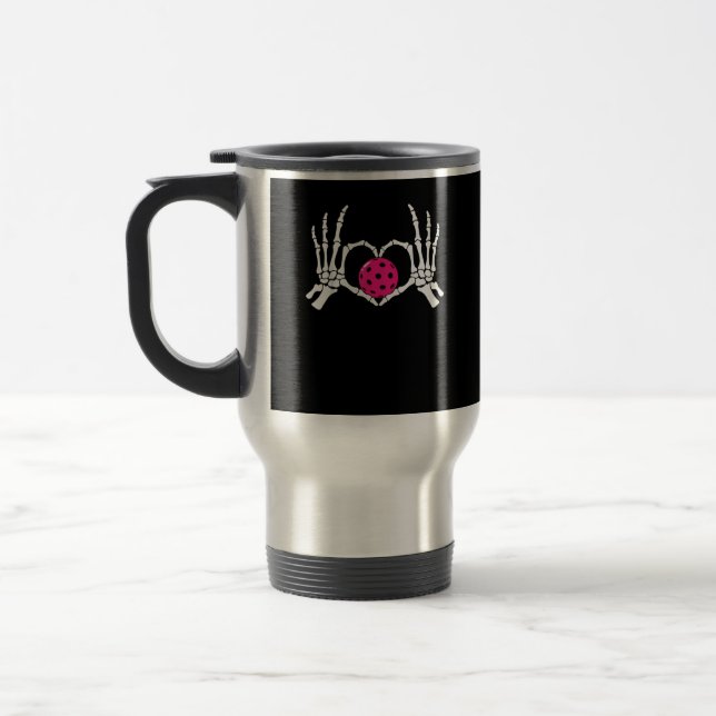 Skeleton Hands Heart Sign Funny Pickle Valentine's Travel Mug (Left)