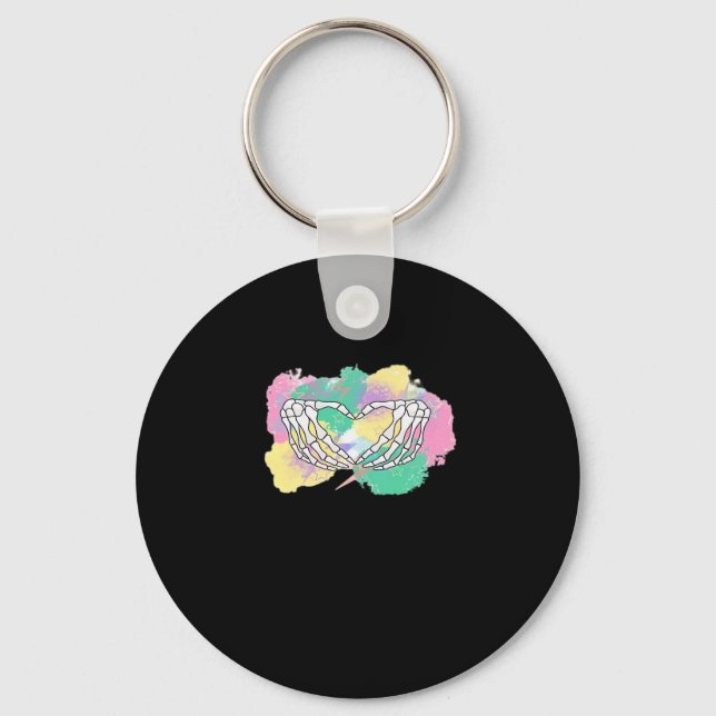 Skeleton Hands Heart With Abstract Coloured Backgr Key Ring (Front)