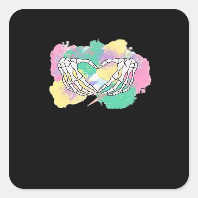 Skeleton Hands Heart With Abstract Coloured Backgr Square Sticker (Front)
