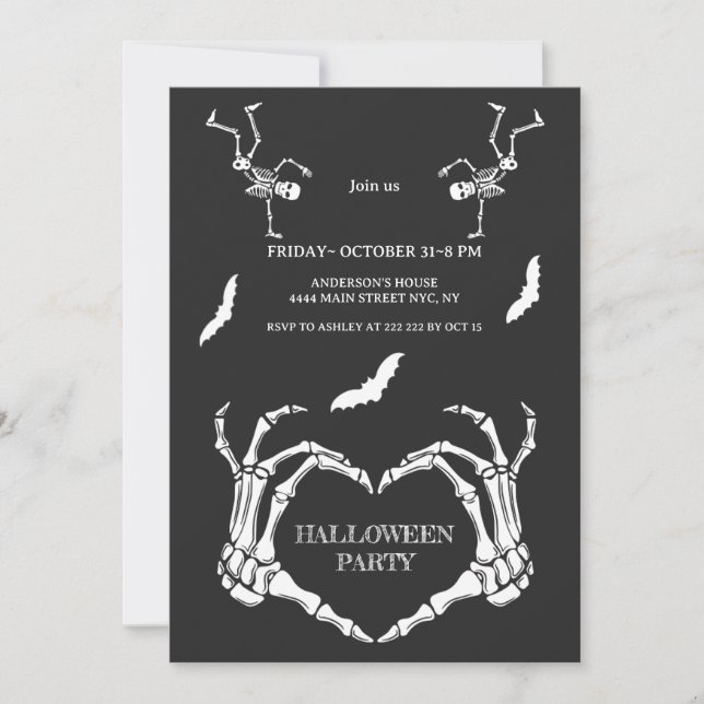Skeleton Hands Heart with Dancing Skeletons & Bats Invitation (Front)