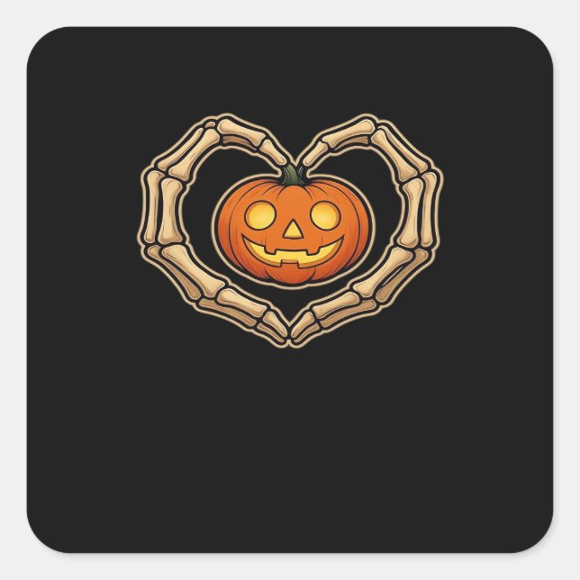 Skeleton Hands Heart With Pumpkin Cute Spooky Hall Square Sticker (Front)