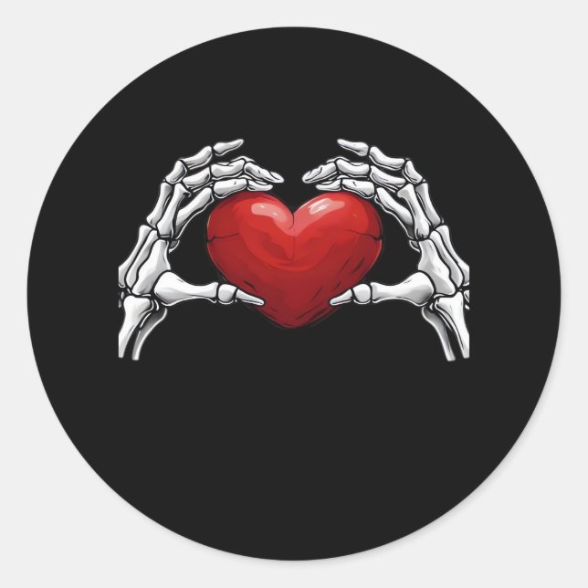 Skeleton Hands Holding A Red Heart Design Classic Classic Round Sticker (Front)