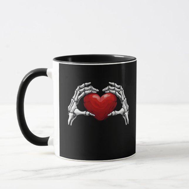 Skeleton Hands Holding A Red Heart Design Classic Mug (Left)