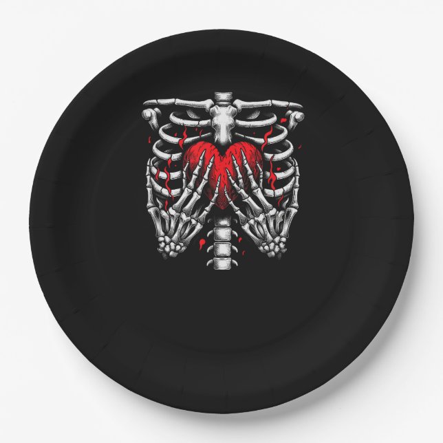 Skeleton Hands Holding Heart Halloween Costume Fun Paper Plate (Front)