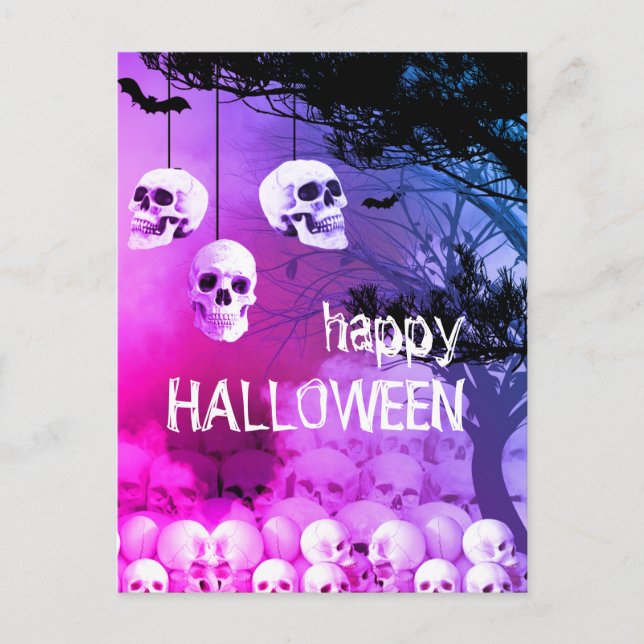 Skeleton Happy Halloween Purple Night With Skulls Holiday Postcard (Front)