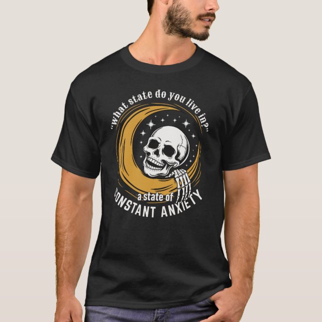 Skeleton Head Lounging on Crescent Moon Anxiety T-Shirt (Front)