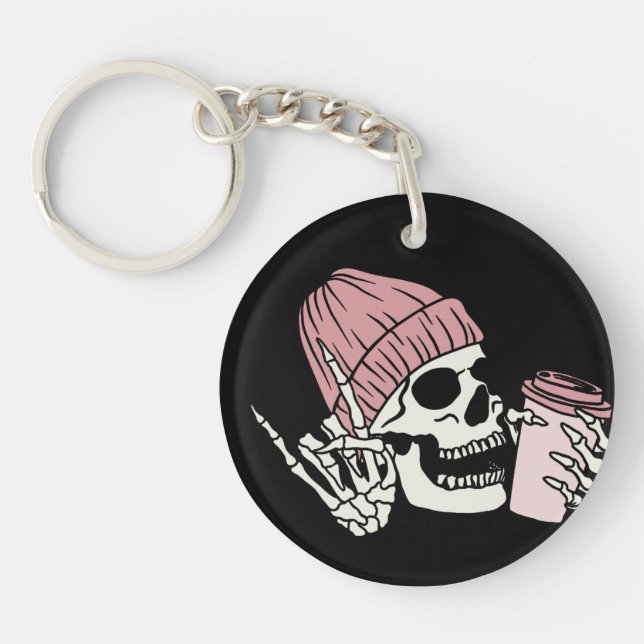 Skeleton Head with Cap and Drink on a  Key Ring (Front)