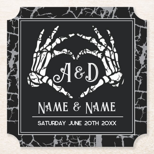 Skeleton Heart Hands Coasters Wedding Black Party (Front)
