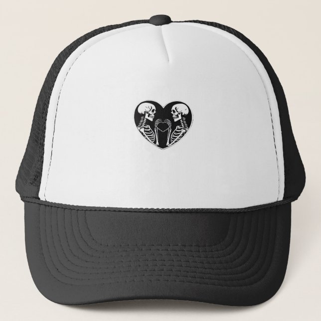 Skeleton Heart Hands Sign Halloween Costume Retro  Trucker Hat (Front)