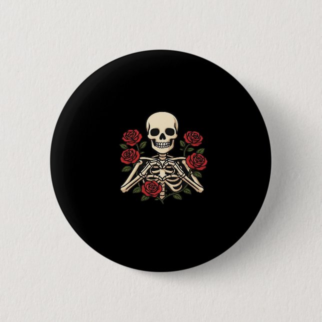 Skeleton Heart Hands With Red Roses – Romantic Got 6 Cm Round Badge (Front)