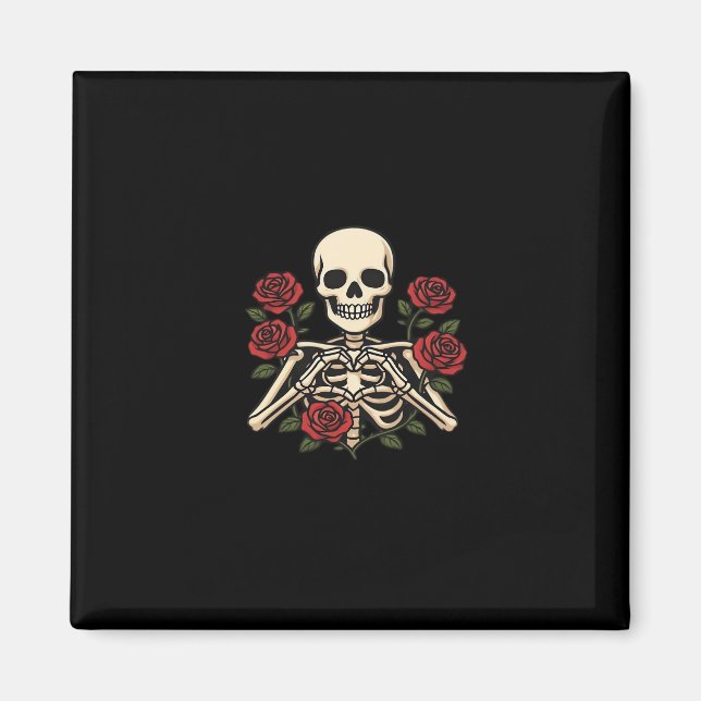 Skeleton Heart Hands With Red Roses – Romantic Got Magnet (Front)