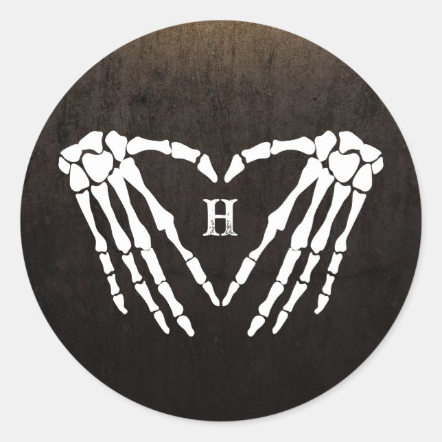 Skeleton Heart Monogram Goth Halloween Wedding Classic Round Sticker (Front)