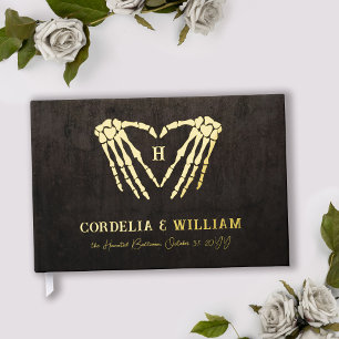 Skeleton Heart Monogram Goth Halloween Wedding Guest Book