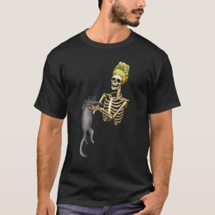 Skeleton Holding A Black Cat Lazy Halloween Costum T-Shirt