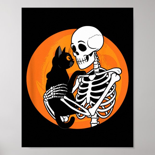 Skeleton Holding A Black Cute Cat - Skeleton Art Poster (Front)