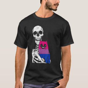 Skeleton Holding A Cat Bisexual LGBT-Q Pride Rainb T-Shirt