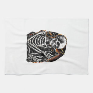 Skeleton Holding A Cat Halloween Costume Skull Cat Tea Towel