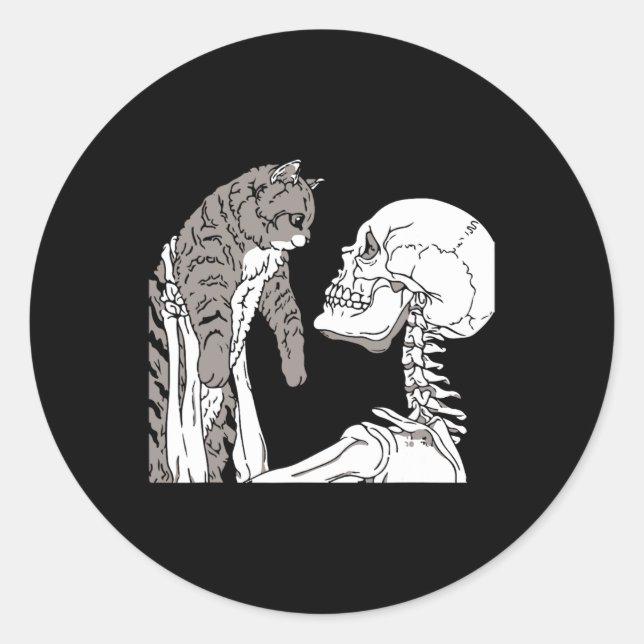 Skeleton Holding A Cat Lazy Halloween Costume Skul Classic Round Sticker (Front)