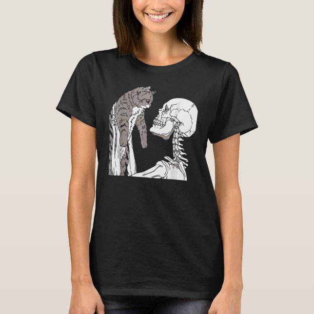 Skeleton Holding A Cat Lazy Halloween Costume Skul T-Shirt (Front)