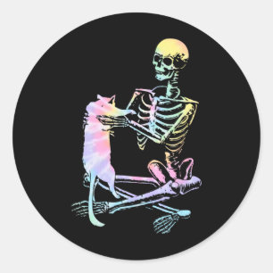 Skeleton Holding A Cat Lazy Halloween Costume Tie Classic Round Sticker