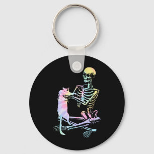 Skeleton Holding A Cat Lazy Halloween Costume Tie Key Ring