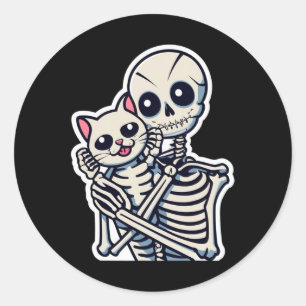 Skeleton Holding A Cat Shirt Lazy Halloween Costum Classic Round Sticker