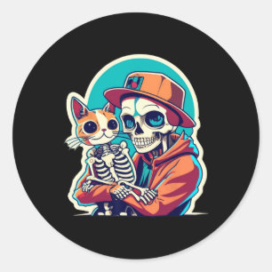 Skeleton Holding A Cat Shirt Lazy Halloween Costum Classic Round Sticker