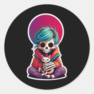Skeleton Holding A Cat Shirt Lazy Halloween Costum Classic Round Sticker