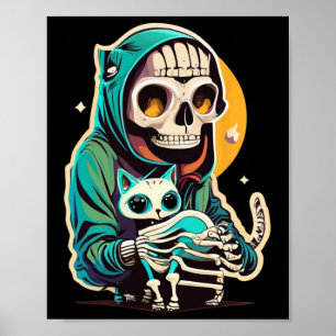 Skeleton Holding A Cat Shirt Lazy Halloween Costum Poster
