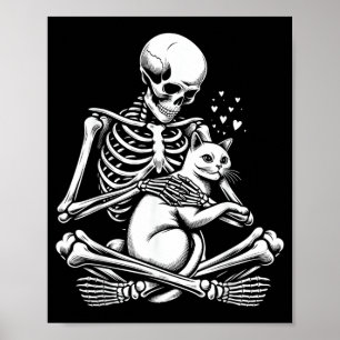 Skeleton Holding A Cat Skull Graphic Spooky Scary Poster
