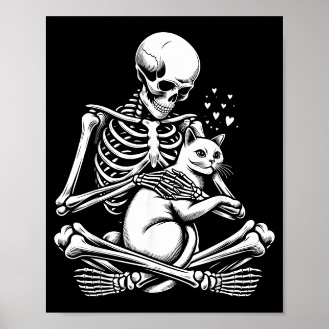 Skeleton Holding A Cat Skull Graphic Spooky Scary Poster (Front)