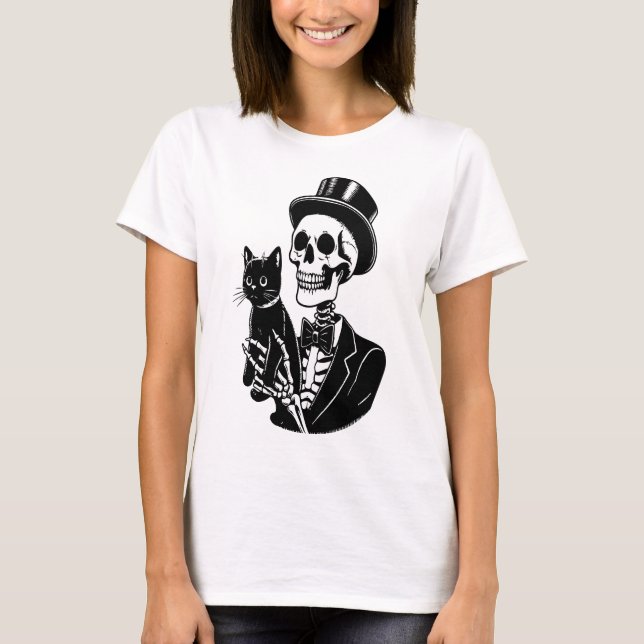 Skeleton holding a Cat T-Shirt (Front)