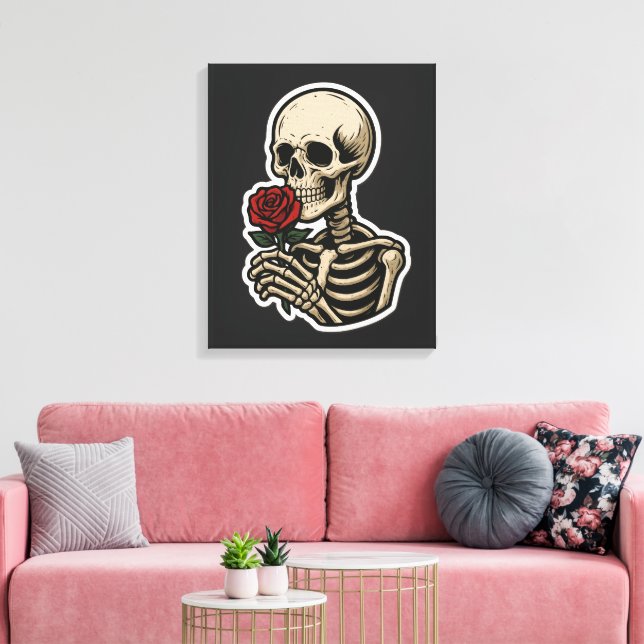 Skeleton Holding a Rose – Artistic Gothic Sticker Canvas Print (Insitu(LivingRoom))