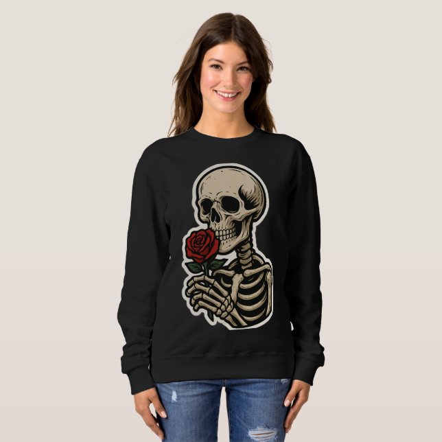 Skeleton Holding a Rose – Artistic Gothic Sticker Sweatshirt (Front Full)