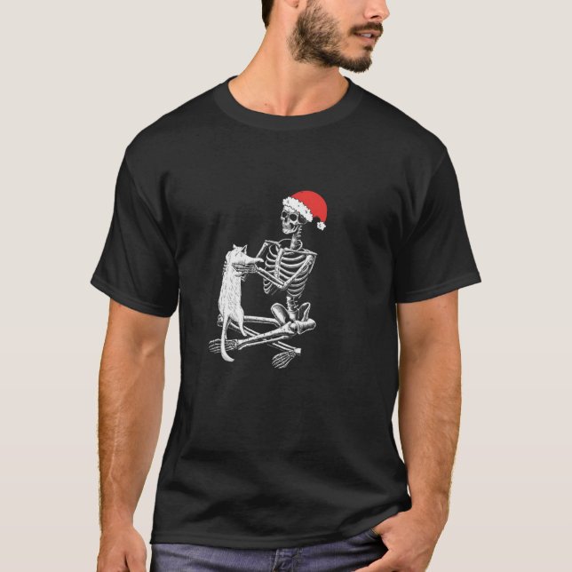 Skeleton Holding Cat Christmas Pajama Santa Hat Xm T-Shirt (Front)
