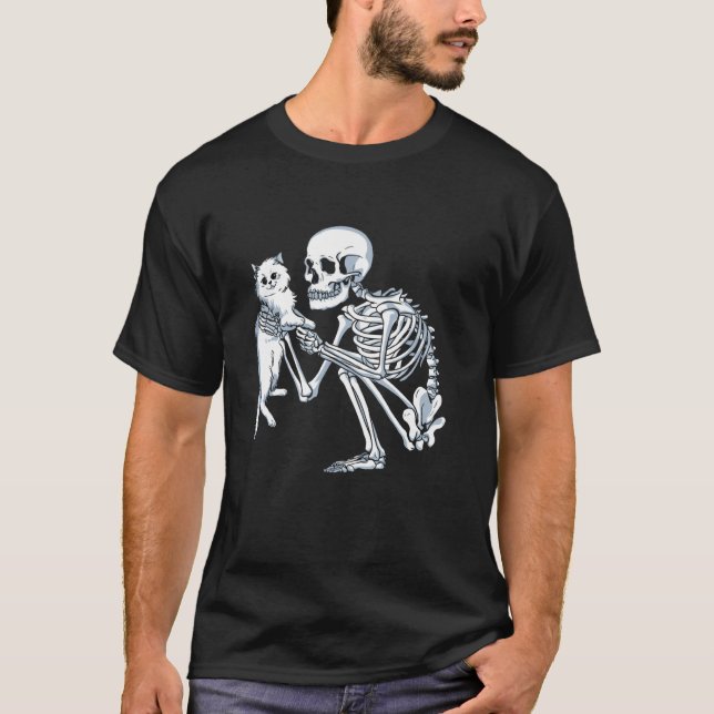 Skeleton Holding Cat Feline T-Shirt (Front)