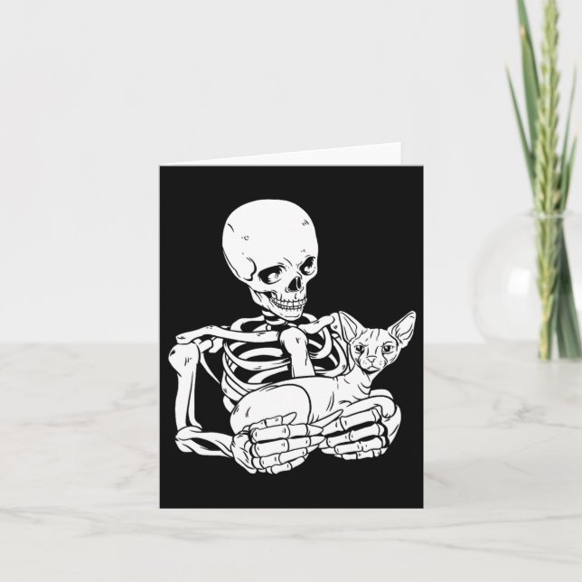 Skeleton Holding Cat Funny Halloween Skull Sphynx  Card (Front)