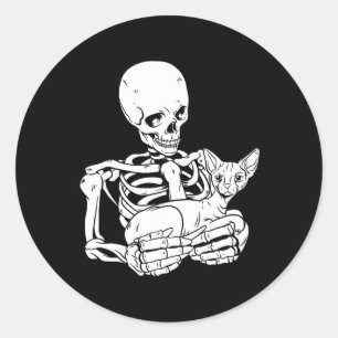 Skeleton Holding Cat Funny Halloween Skull Sphynx Classic Round Sticker