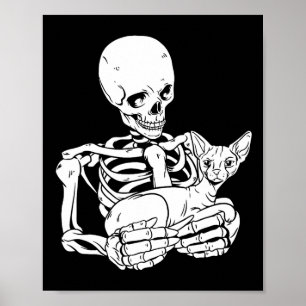 Skeleton Holding Cat Funny Halloween Skull Sphynx Poster