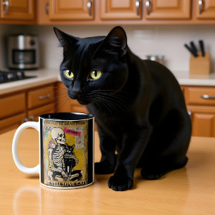 Skeleton Holding Cat Poster Style Two-Tone Coffee Mug