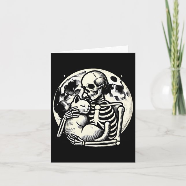 Skeleton Holding Cat Spooky Skull Halloween Gothic Card (Front)