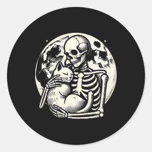 Skeleton Holding Cat Spooky Skull Halloween Gothic Classic Round Sticker
