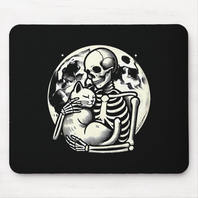 Skeleton Holding Cat Spooky Skull Halloween Gothic Mouse Mat (Front)