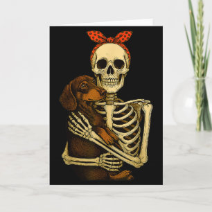 Skeleton Holding Dachshund Dog Funny Lazy Hallowee Card