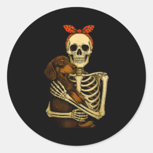 Skeleton Holding Dachshund Dog Funny Lazy Hallowee Classic Round Sticker