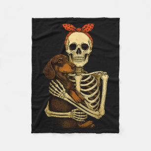 Skeleton Holding Dachshund Dog Funny Lazy Hallowee Fleece Blanket