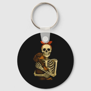 Skeleton Holding Dachshund Dog Funny Lazy Hallowee Key Ring