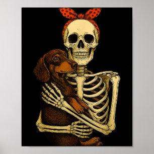 Skeleton Holding Dachshund Dog Funny Lazy Hallowee Poster
